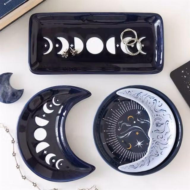 KDMK Blue Organic Ceramic Moon Phase Crescent Trinket Dish and Ring Bowl