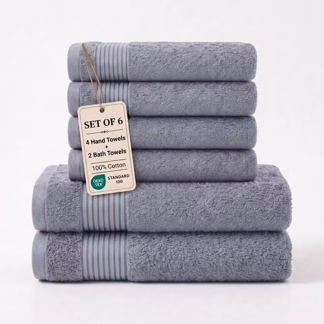 Grace Premium Set of 6 Grey Cotton Bath and Hand Towels, 500 GSM