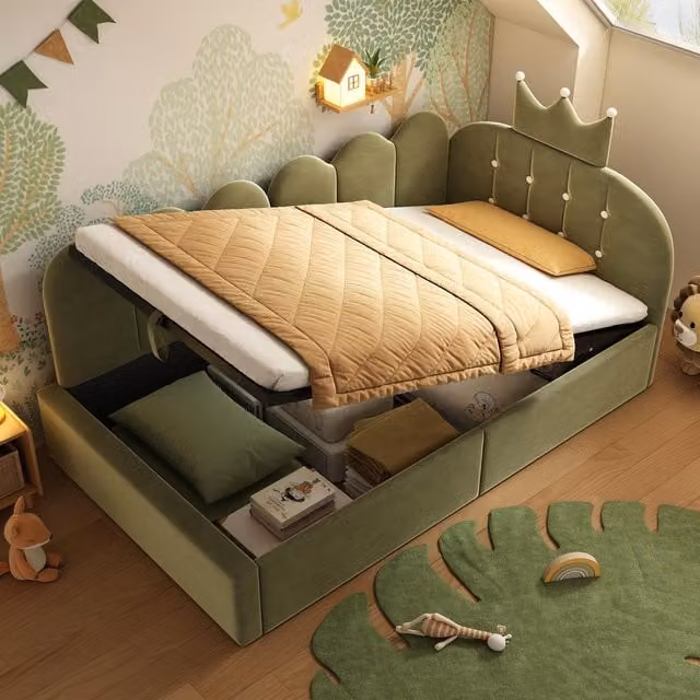Aosom UK Modern Velvet Upholstered Daybed with Hydraulic Storage, Green, L: 199 cm, W: 96 cm, H: 96 cm