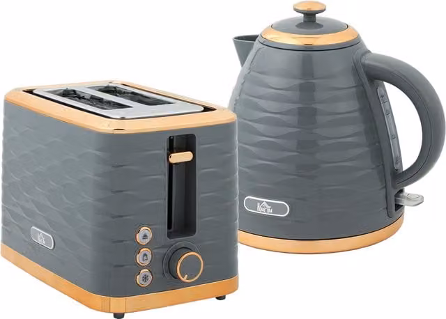 HOMCOM Grey Kettle and 2 Slice Toaster Set with 1.7 l Rapid Boil Kettle and 7 Browning Controls