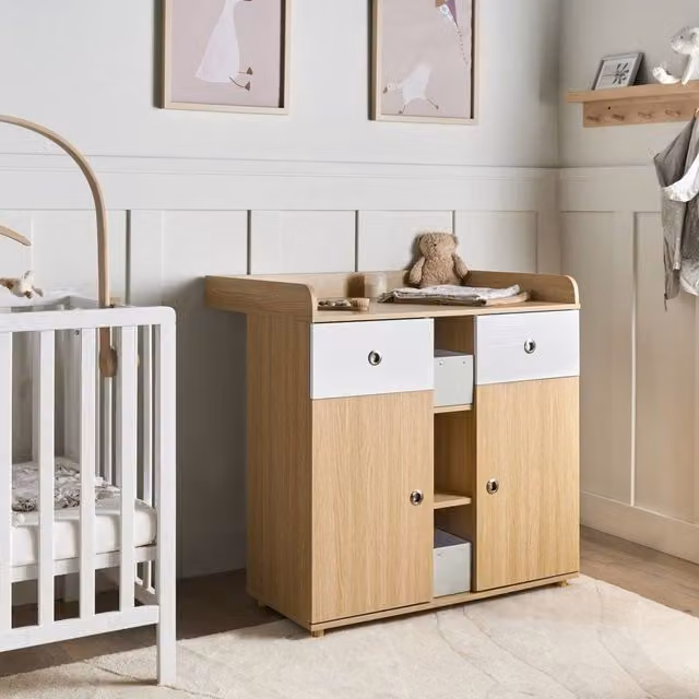 Wyld and Coco Scandinavian Nursery Changing Table Dresser in Light Brown with Shelves and Drawers