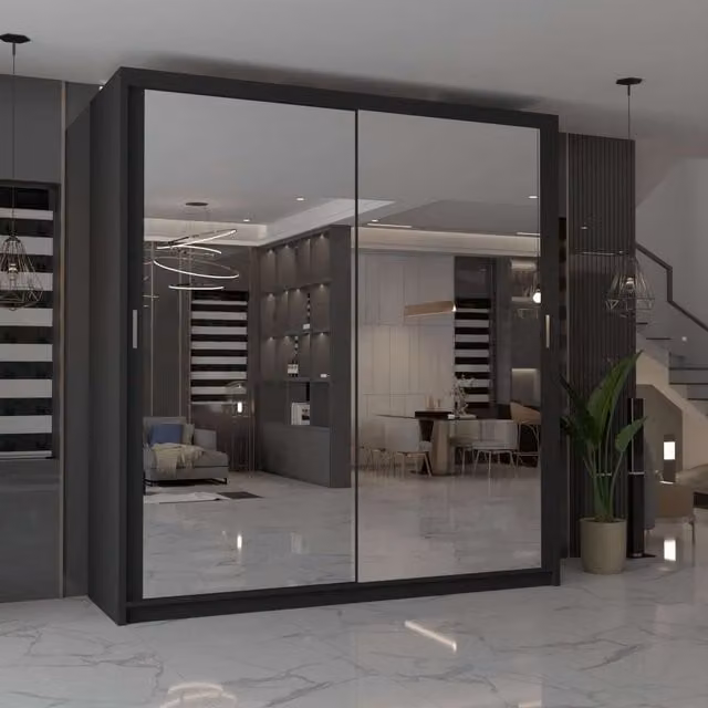 MN Furniture Cuba Sliding Mirror Wardrobe with Integrated LED Lighting in Black, W/H: 90 x 200 cm