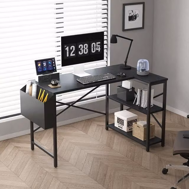 MCC Direct Lotus L-Shaped Corner Computer Desk with Adjustable Shelves, Black, 120 cm