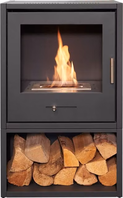 OKO S3 Bio Ethanol Stove with Log Storage in Charcoal Grey