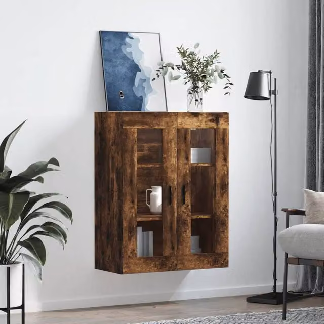 Berkfield Home Wall Mounted Smoked Oak Cabinet with Glass Doors, Brown, W/D/H: 69.5 x 34 x 90 cm
