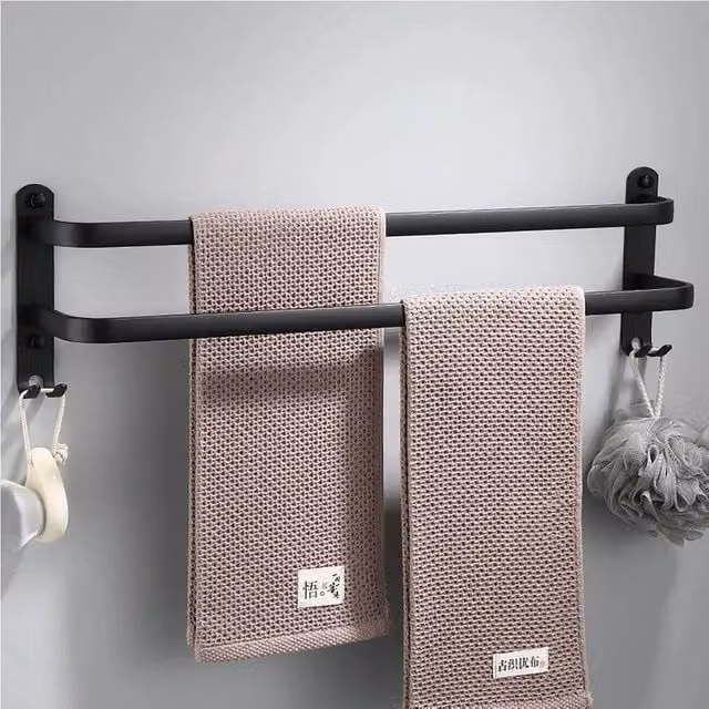 EONLION Double Towel Rail Rack Holder, Wall Mounted, Black Metal