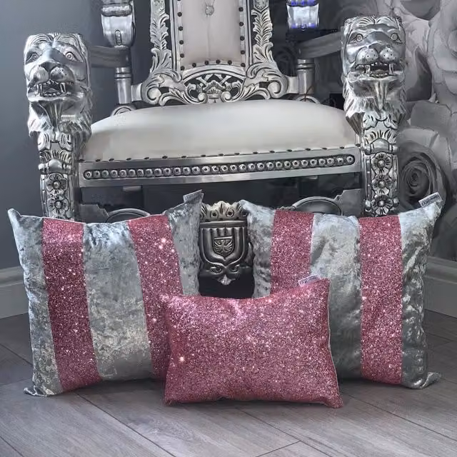 Fabricnco Silver and Pink Crushed Velvet Glitter Square Cushion Cover Set