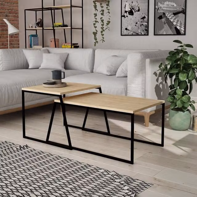 FWStyle Set of 2 Nesting Coffee Tables in Natural Oak with Scratch Resistant Finish