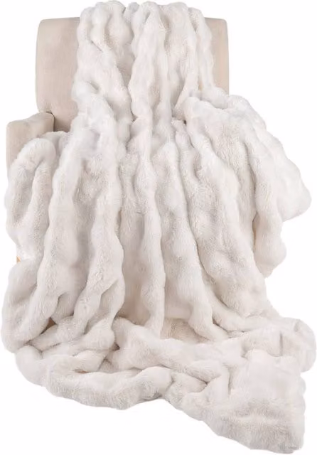 Costway White Faux Fur Throw Blanket, Reversible Double Face Fluffy Plush Bubble Blanket, W: 203 cm, D: 153 cm