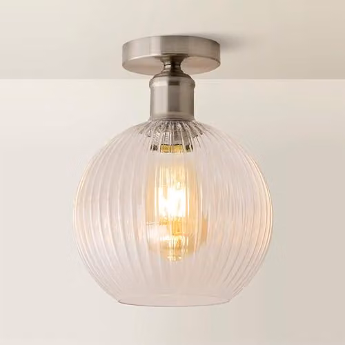 ValueLights Maddison Modern Sphere Flush Ceiling Light with Transparent Ribbed Glass Shade and Bulb in Chrome