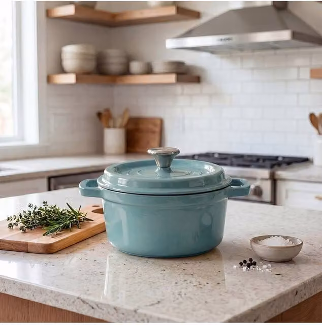 Living and Home Enamelled Cast Iron Dutch Oven Casserole Pot with Glass Lid, Jade Green
