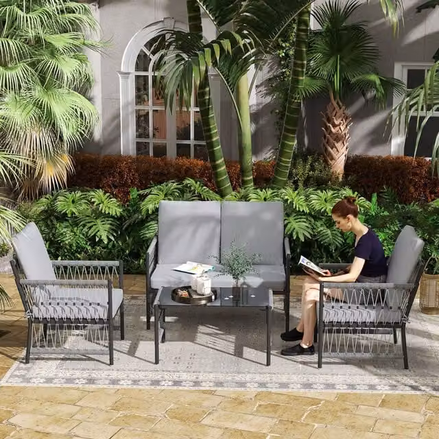 Outsunny 4 Piece Grey Rattan Garden Furniture Set with Upholstered Cushions