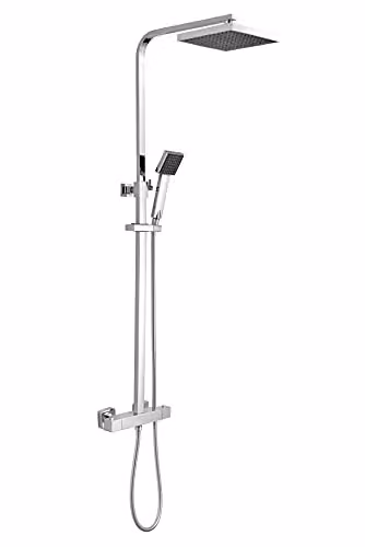 nuie JTY386 Modern Square Thermostatic Bar Shower Kit with Handset and Rain Shower Head, Chrome and Black