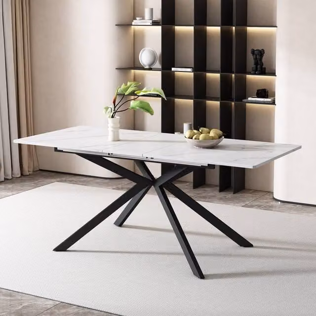 Rolipo Extendable Rectangular Dining Table with Marble Effect MDF Top and Metal X-Frame Legs in White