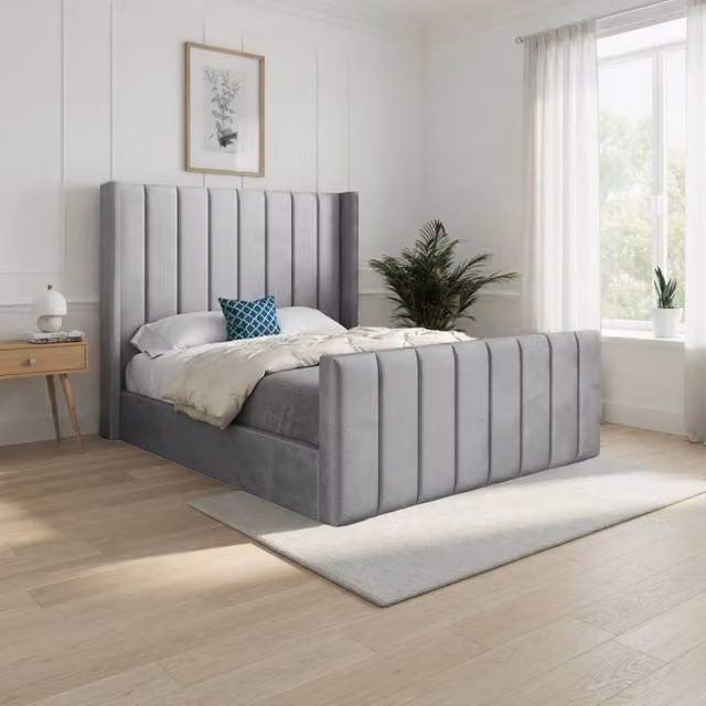 KDMD Sturminster Winged Upholstered Designer Bed Frame in Grey Soft Velvet, W/D/H: 90 x 200 cm