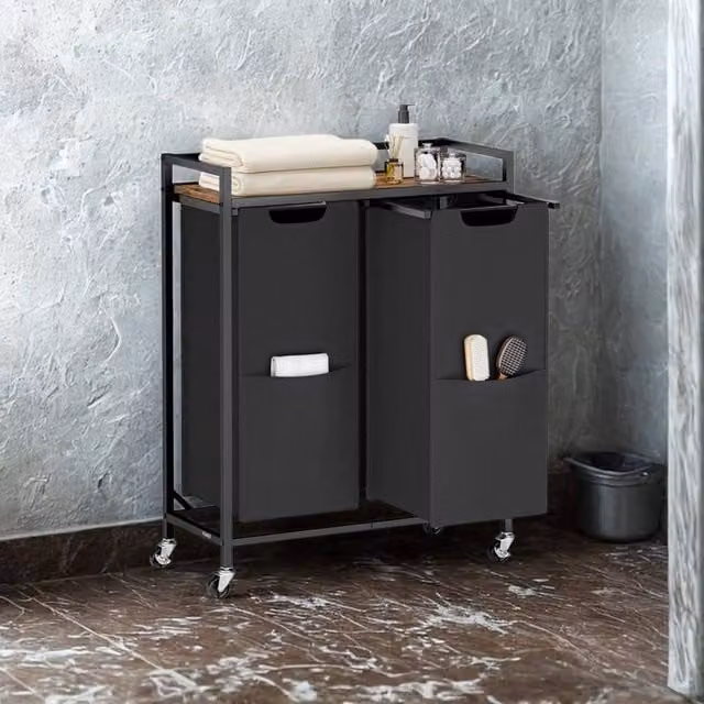 Pirlo Plush Industrial Double Laundry Basket with Shelf in Brown and Black