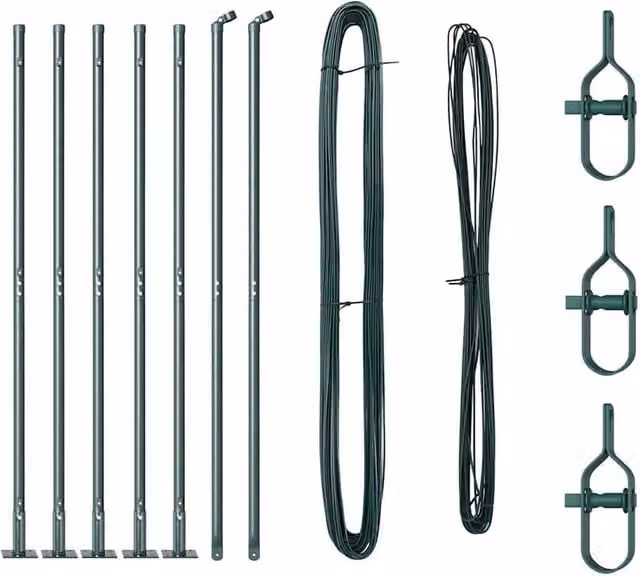 Berkfield Home Set of 14 Green Round Galvanised Steel Metal Fence Posts with Bolt Down Base Plates