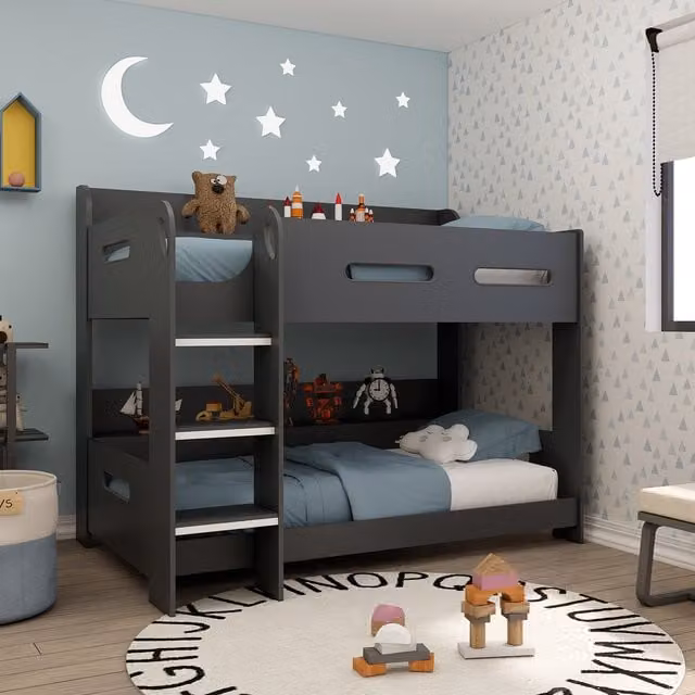 Kudl Modern Two-Level Bunk Bed with Side Storage Shelves in Anthracite Grey Engineered Wood