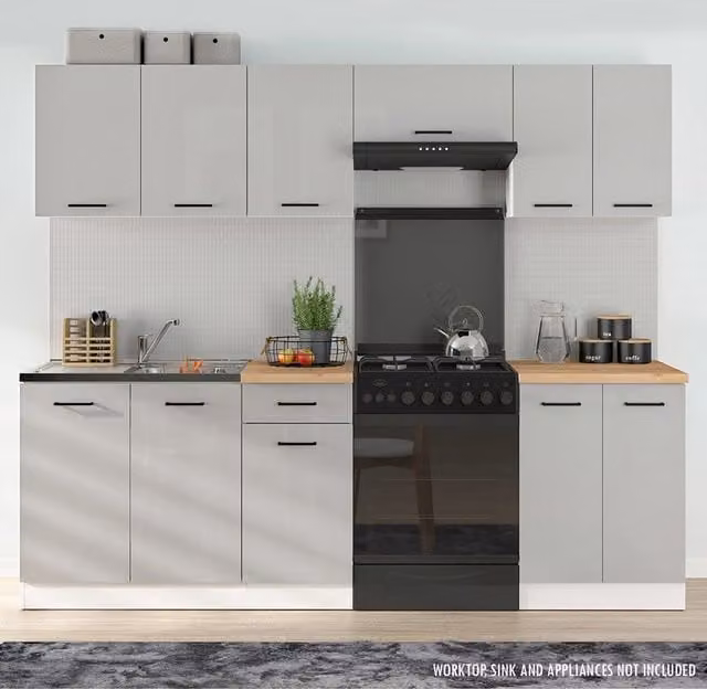 Heze Furniture Summer 7 Unit Kitchen Cabinet Set in Light Grey Gloss, Width: 240 cm