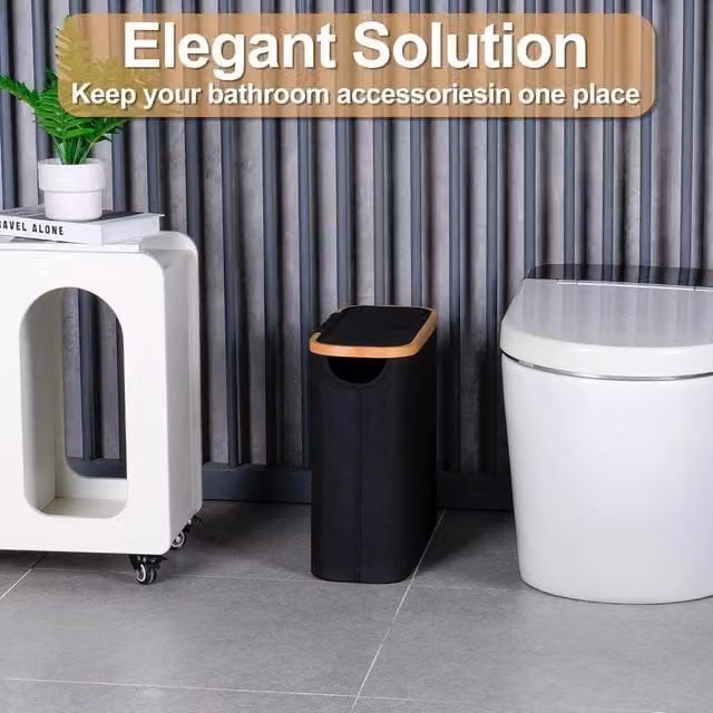KORVIXA Black Bamboo Toilet Roll Storage Box and Spare Roll Holder with Handles