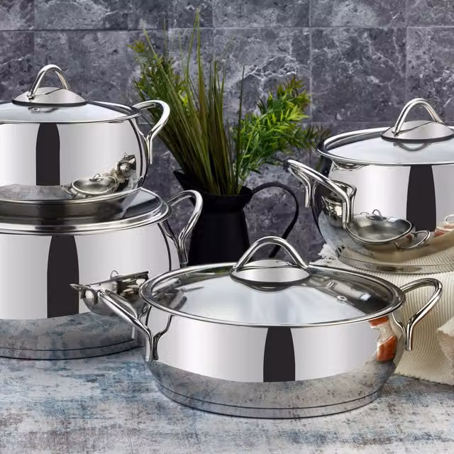 Evimsaray Sevval Series 8-Piece Stainless Steel and Glass Cookware Set, Silver
