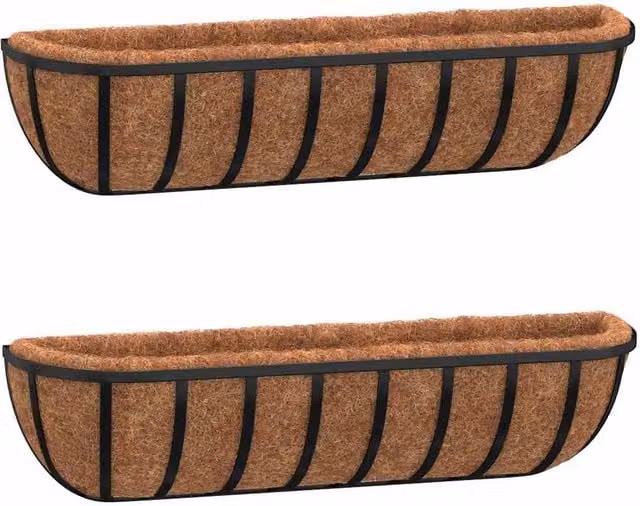 Berkfield Home Steel Wall Troughs with Coco Liners, Black, 2 Pieces, W: 61 cm, D: 19 cm, H: 16 cm