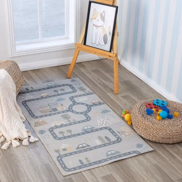 Livabliss Lilian Washable Kids Rug in Beige, Grey, Orange and Blue, W: 140 cm, D: 200 cm