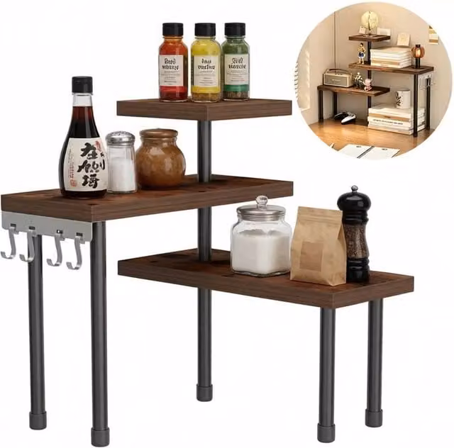 KORVIXA 3-Tier Industrial Corner Countertop Organizer in Brown