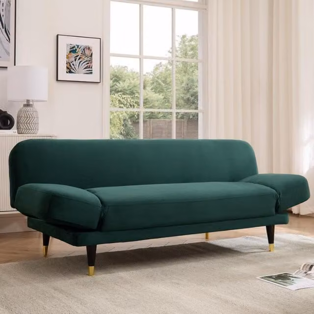 Silas Green Velvet Click-Clack Sofa Bed with Adjustable Armrests