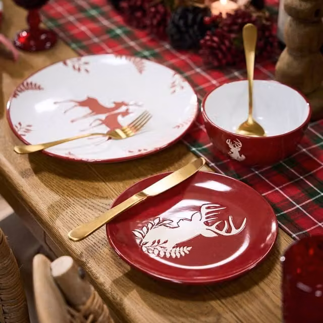Dibor 6 Piece Red and White Reindeer Christmas Ceramic Dinnerware Set for 2 Adults