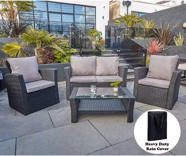 Furniture Maxi 4 Seater Black Polyrattan Garden Furniture Set with Upholstered Sofa, Armchairs and Coffee Table