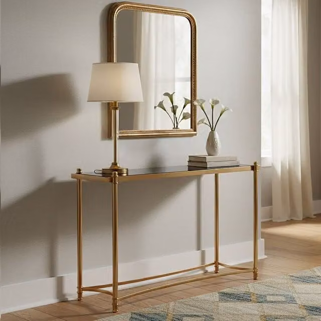 Orsina Modern Glass Topped Console Table in Black and Gold, W/D/H: 130 x 40 x 80 cm