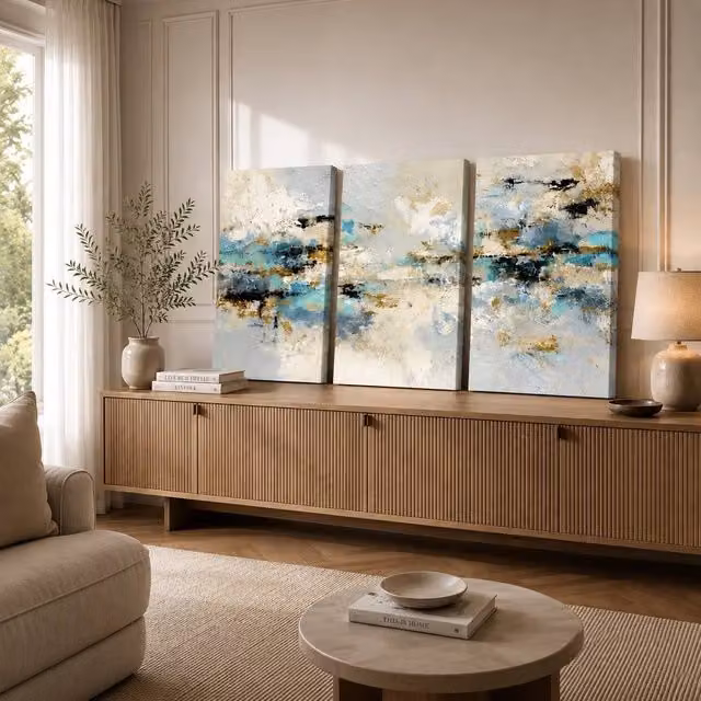 Mafett Abstract Blue and Gold Modern Coastal Triptych Canvas Wall Art Set of 3, W: 45.72 cm x H: 60.96 cm