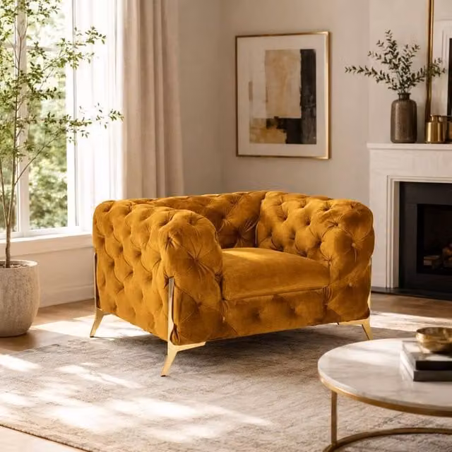 Stratus Interiors Mustard Yellow Plush Velvet 1 Seater Italian Chesterfield Sofa