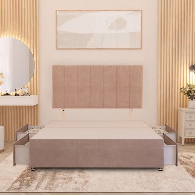 Somnior Beds Ltd Austin Divan Bed Base with 32 inch Headboard and 4 Storage Drawers in Pink Plush Velvet, W/D/H: 120 x 200 x 34.5 cm