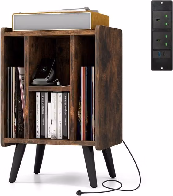 COSTWAY Mid-Century Brown Wood Record Player Stand and Vinyl Storage Unit
