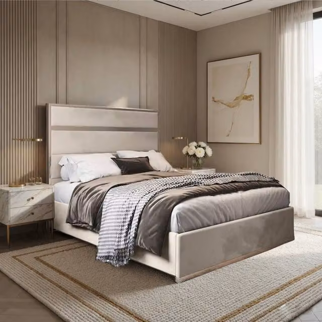 Casani Flookburgh Single Upholstered Velvet Bed Frame in Beige with Metal Details, W/D/H: 90 x 190 x 137 cm