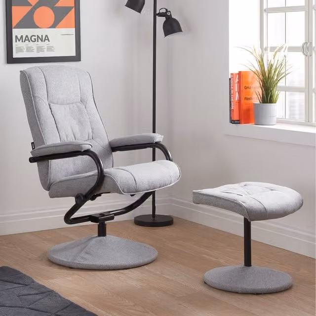 Birlea Memphis Swivel Reclining Chair and Matching Footstool in Grey Fabric