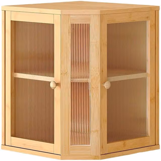Kelvenix 2-Tier Brown Bamboo and Acrylic Corner Bread Box for Kitchen Counters