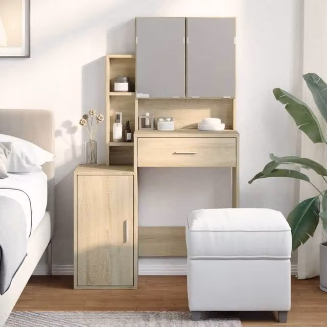 Berkfield Home Beautiful Dressing Table with Cabinet in Sonoma Oak and Light Brown, W/D/H: 80 x 35 x 132 cm
