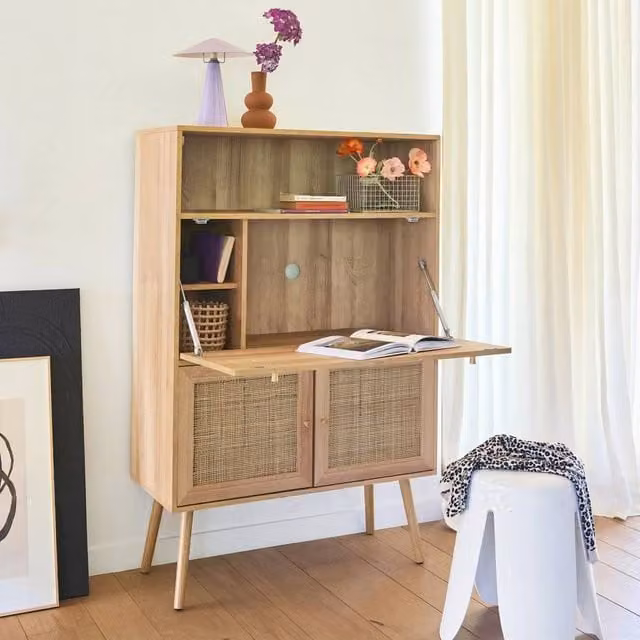 sweeek Mid-Century Secretary Writing Desk with Shelves and 2 Doors in Brown, W/D/H: 138.0 x 35.6 x 90.0 cm