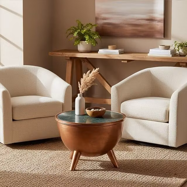Interiors by Premier Orsina Round Green Marble Coffee Table with Copper Finish Iron Drum Base, Brown
