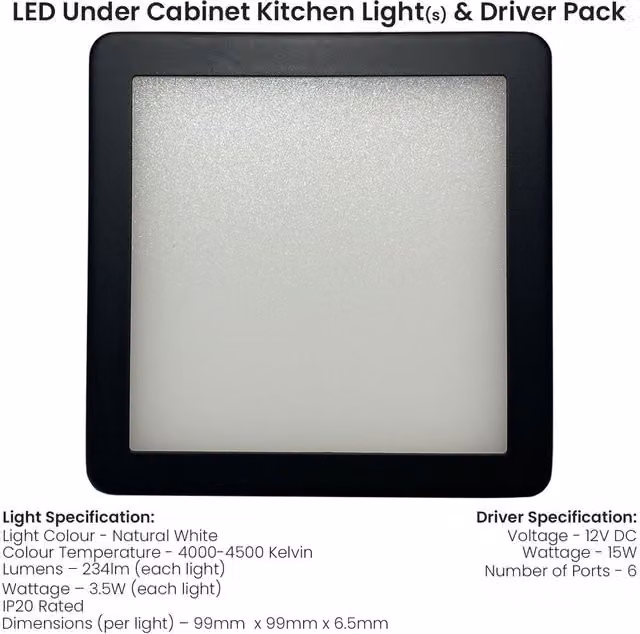 Loops 3-Pack Matt Black Ultra-Slim Square Under Cabinet Kitchen LED Light and Driver Kit with Natural White Diffused Light