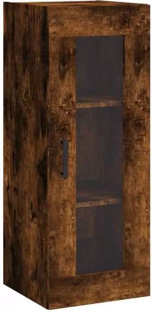 Berkfield Home Wall Mounted Smoked Oak Cabinet with Glass Doors in Brown, W/D/H: 34.5 x 34 x 90 cm