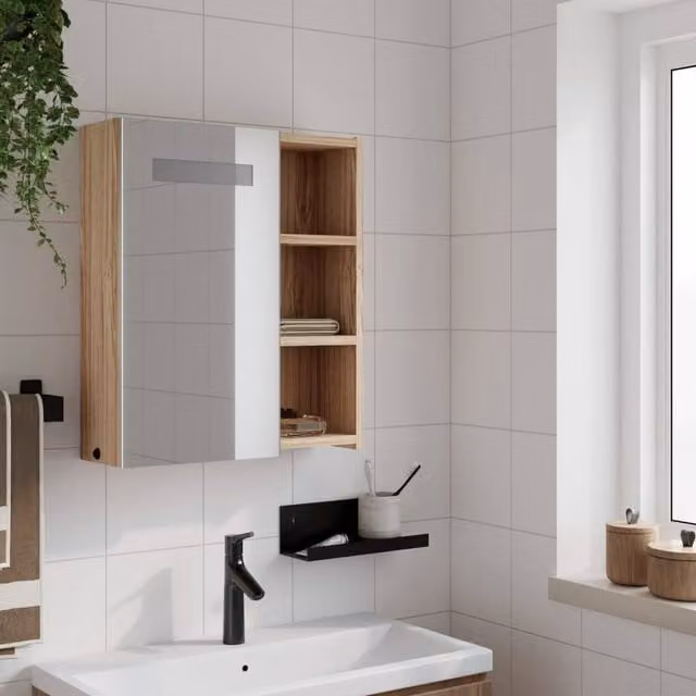 Berkfield Home Modern Oak Bathroom Mirror Cabinet with LED Light, Brown, W: 45 cm, D: 13 cm, H: 52 cm