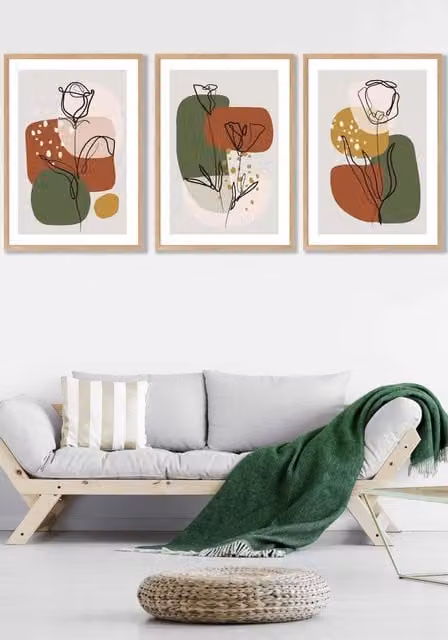 ARTZE Set of 3 Oak Framed Autumn Flower Line Art Wall Decor with Green and Yellow Boho Shapes, W: 33 cm, H: 45 cm, D: 2 cm