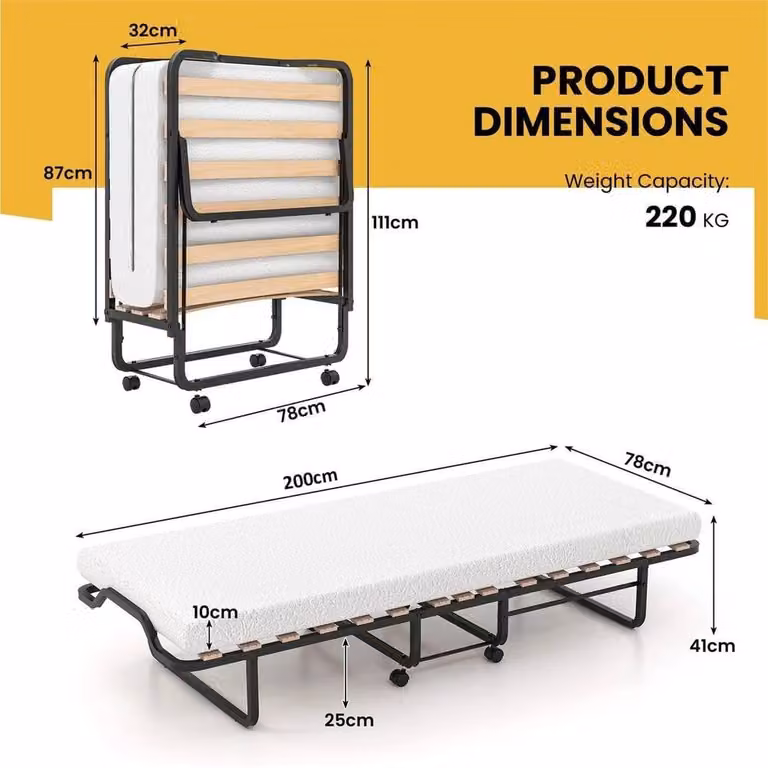 KORVIXA Black Foldable Adult Roll Away Guest Bed with Metal Frame and Foam Mattress, W/D/H: 90 x 200 cm