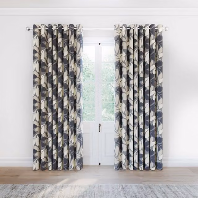 Helena Springfield Simply Scandi Grey Floral Cotton Eyelet Curtains, W: 167.64 cm, H: 182.88 cm