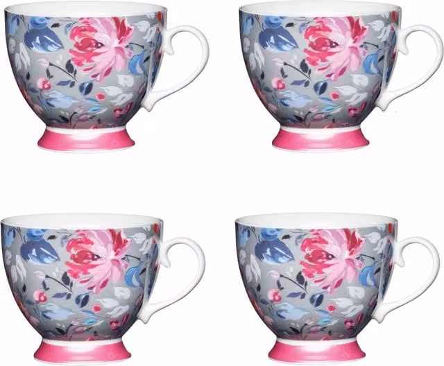 KitchenCraft Set of 4 Grey and Light Blue Floral Bone China Footed Mugs
