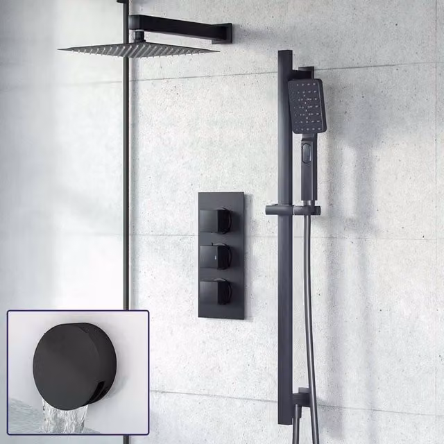 Nes Home Matte Black 3-Way Thermostatic Mixer Valve Set with 200mm Overhead Shower, Riser Rail, Handheld Shower and Bath Filler Waste